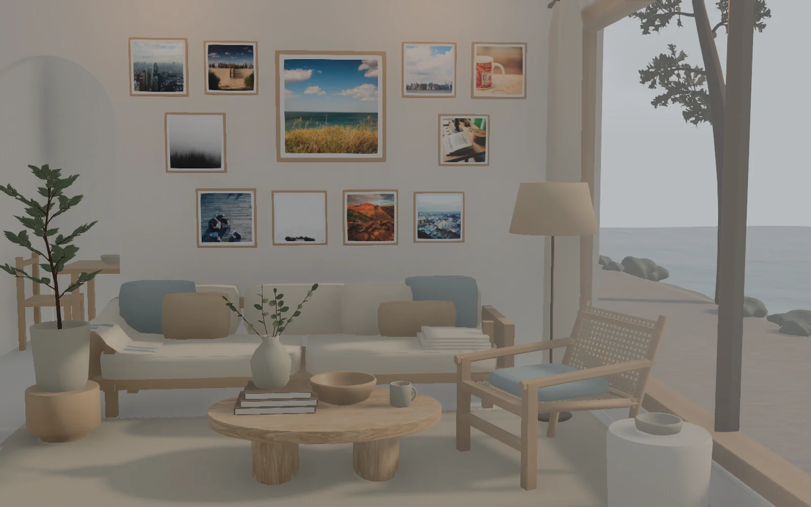 Travel photographs on the wall of a sunlit living room overlooking the sea