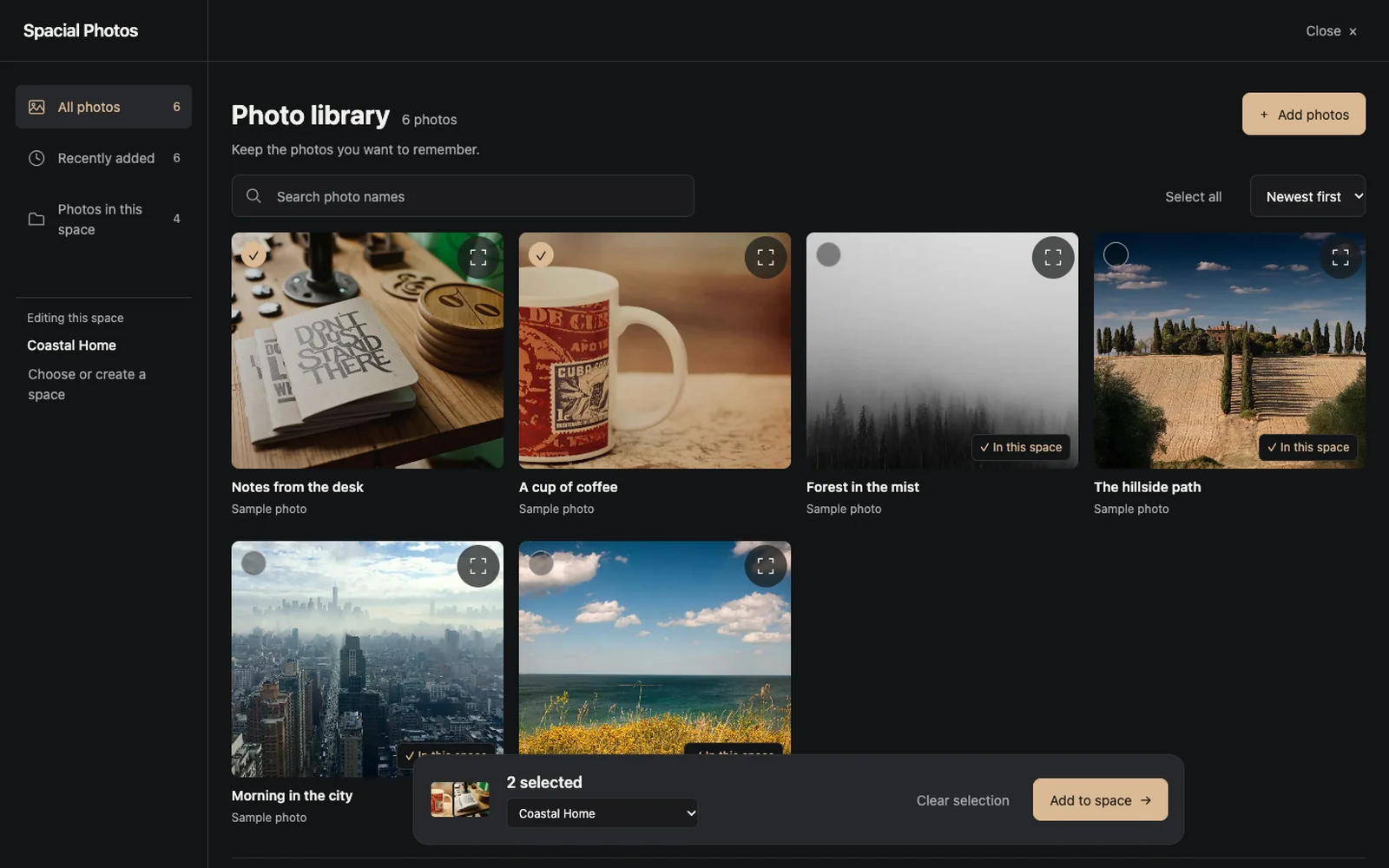 A photo library with selected photographs ready for a space